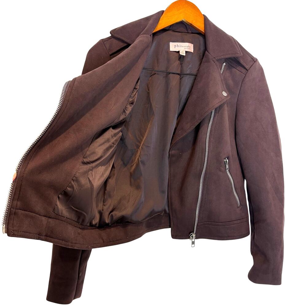 Philosophy - Faux Leather Suede Cropped Motorcycle Style Jacket-Brown-Women's XS - Picture 4 of 6